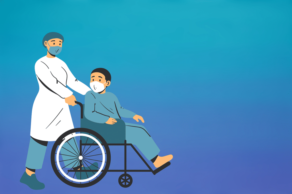 רופא לוקח ילד עם כסא גלגלים